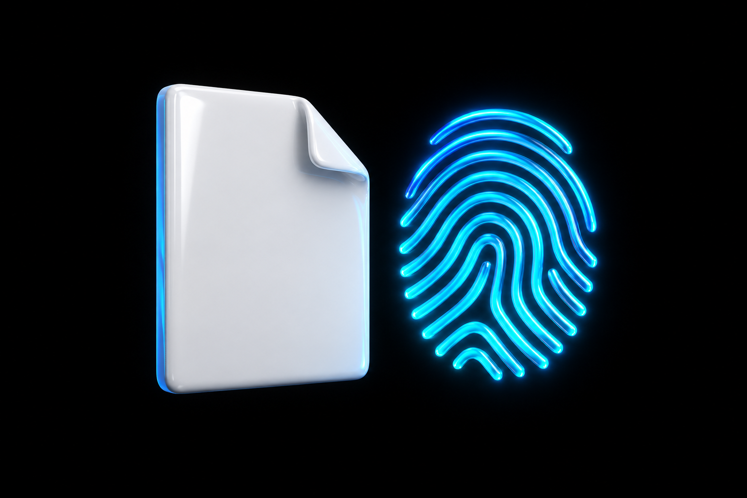 A white file beside a glowing cyan fingerprint, illustrating a file’s digital fingerprint.